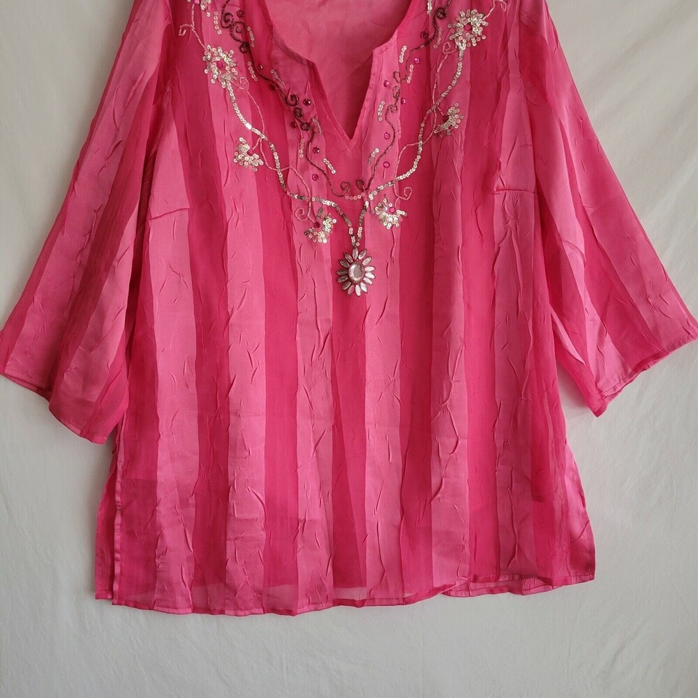Tantrums Collection Women's Blouse Size Large Pink Beaded Sequin 2 Layers - Picture 4 of 9